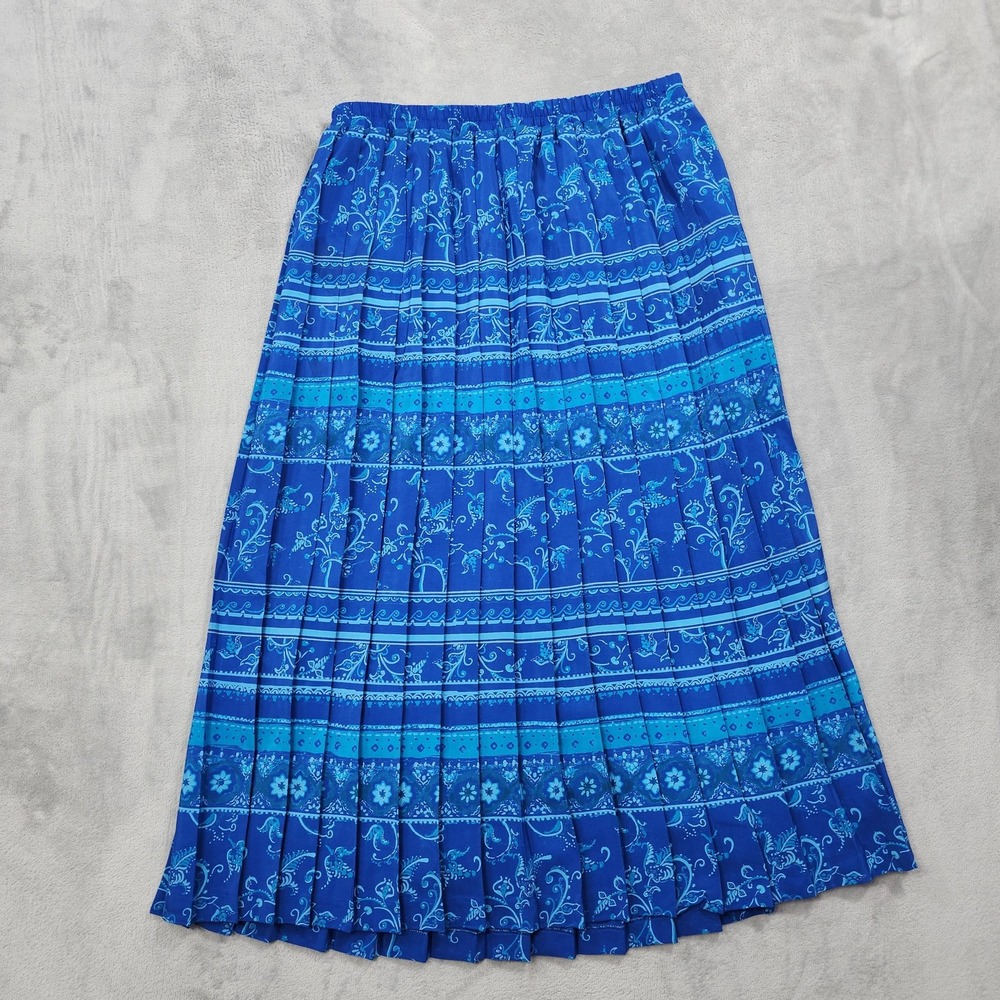 Vintage Leslie Fay Skirt Womens 14 Blue Floral Pleated Chiffon Midi Cottagecore
